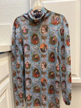 Rachel Antonoff Light Blue Vintage Portrait Print Turtleneck
